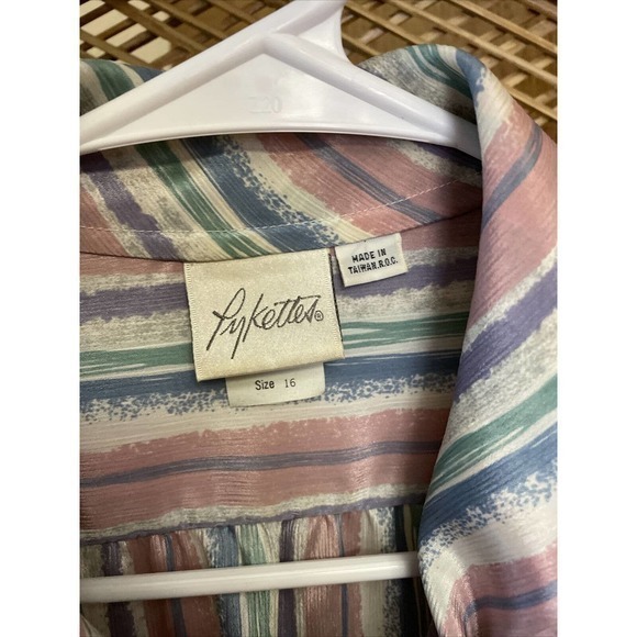 Vintage 70s Large Pykettes Pink Blue Polyester Collared Button Up Blouse Size 16 - Picture 2 of 6